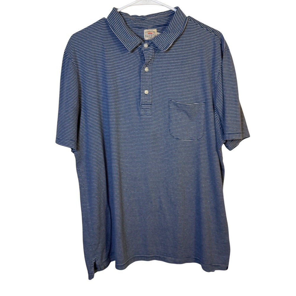 Faherty Mens Striped Cotton Polo Shirt Blue White XL‎ Soft Lightweight Coastal